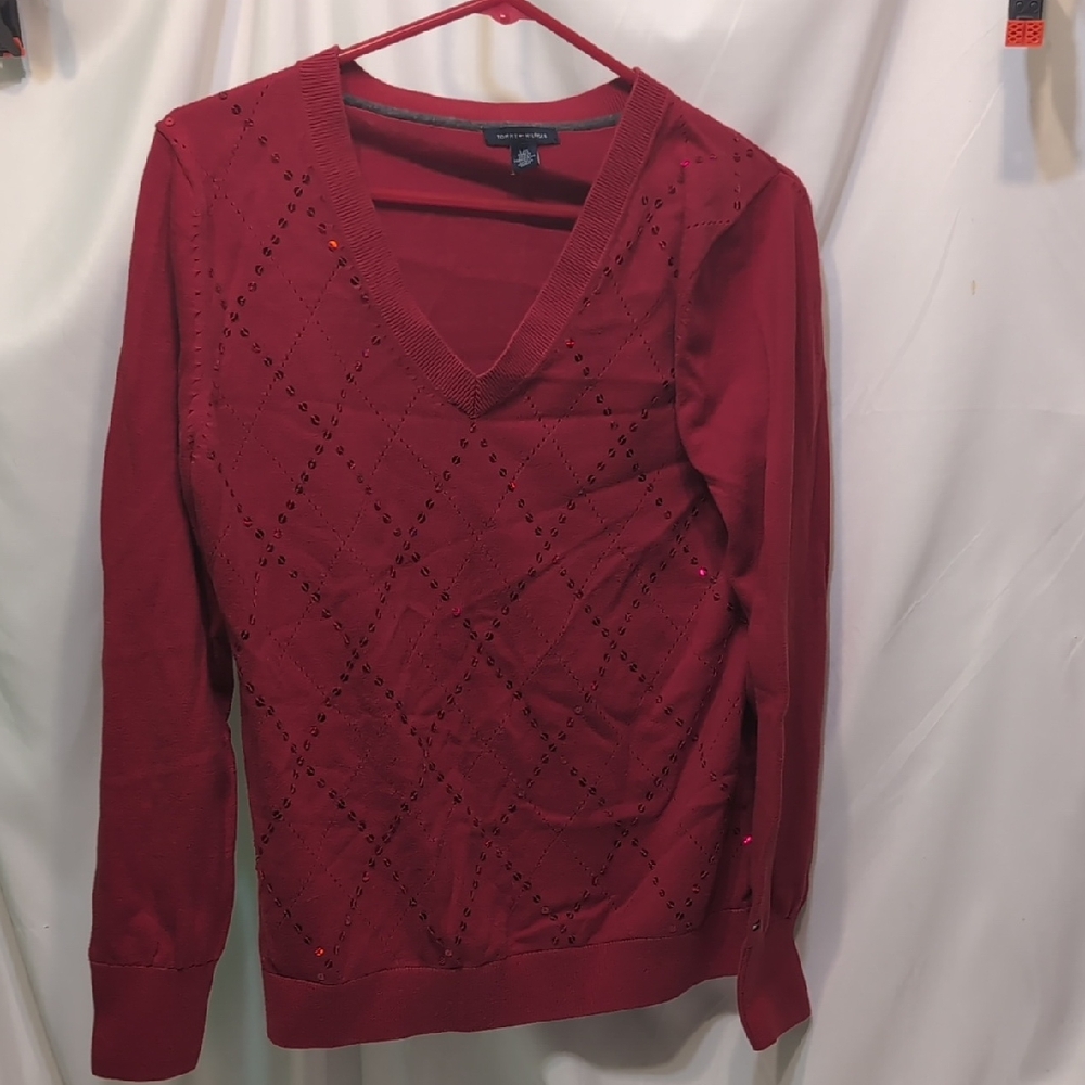 Women's Tommy Hilfiger Sequins Deep Red V-Neck Sweater Size Large